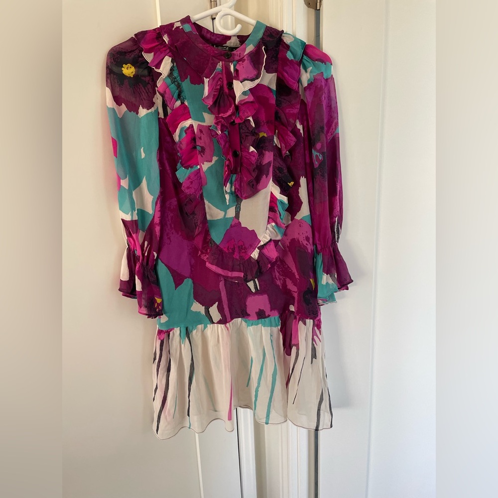 Vibrant Silk Floral Long Sleeves Dress with Ruffle Details